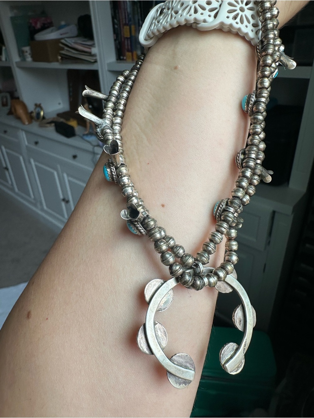 Vintage Petite Native Made Turquoise Squash Blossom Necklace 🩵 - Picture 7 of 10